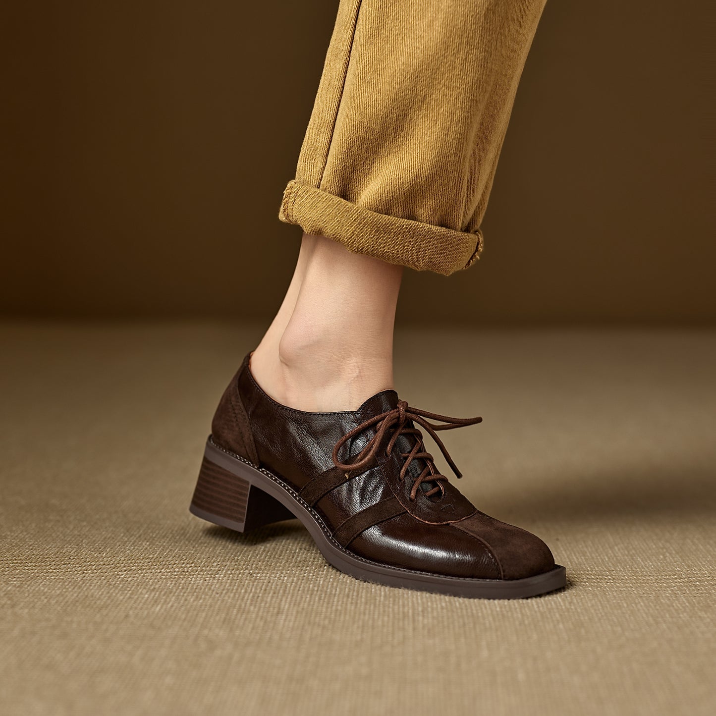 TinaCus Women's Oxfords Shoes Handmade Genuine Leather Patchwork Round Toe Chunky Heel