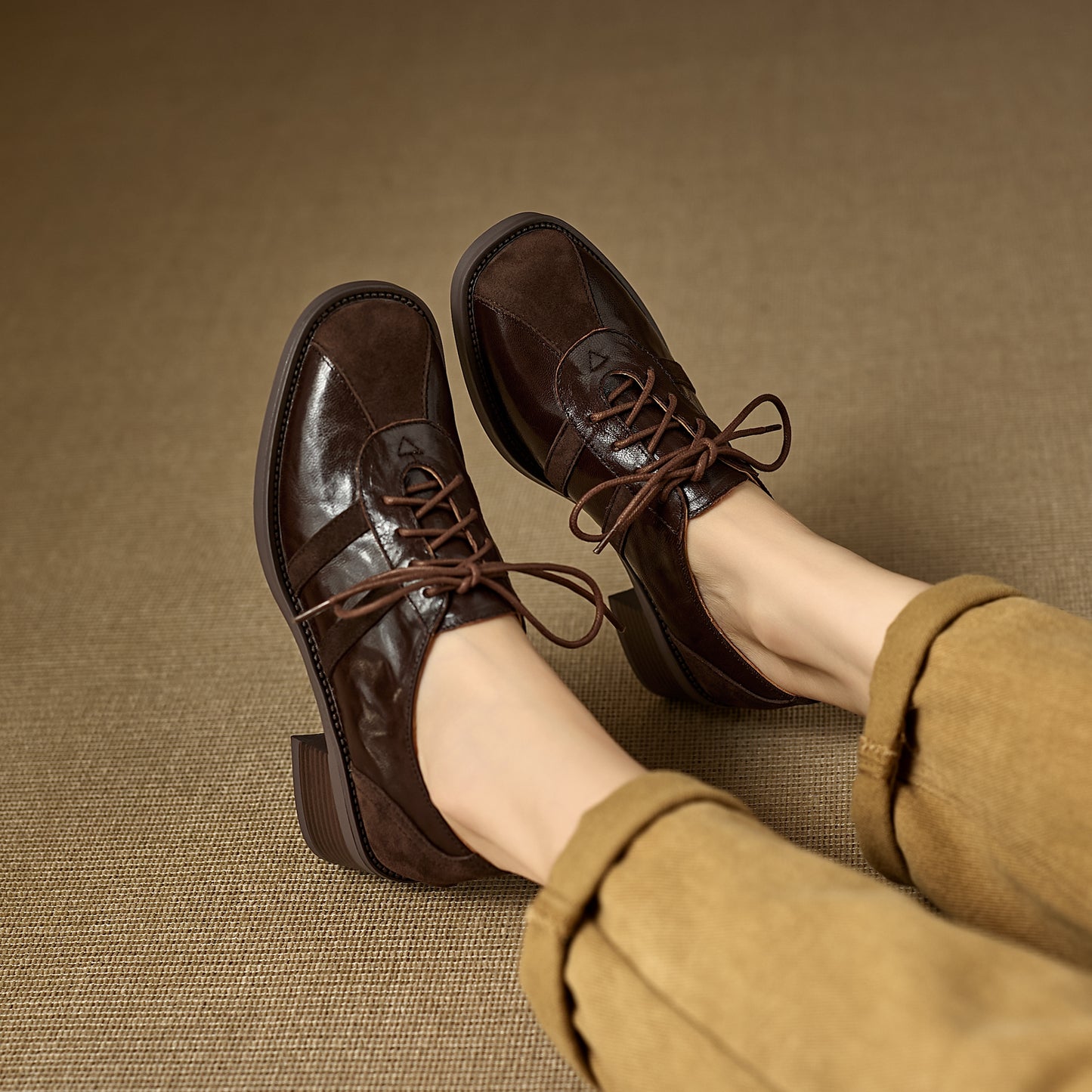 TinaCus Women's Oxfords Shoes Handmade Genuine Leather Patchwork Round Toe Chunky Heel