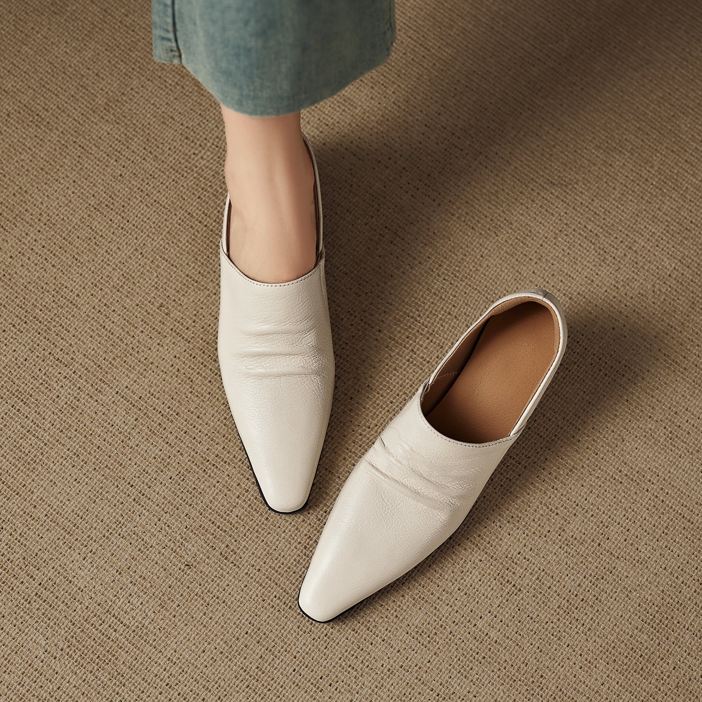 TinaCus Women's Slip-on Pumps Handmade Genuine Leather Pointed Toe Chunky Heel Casual Shoes