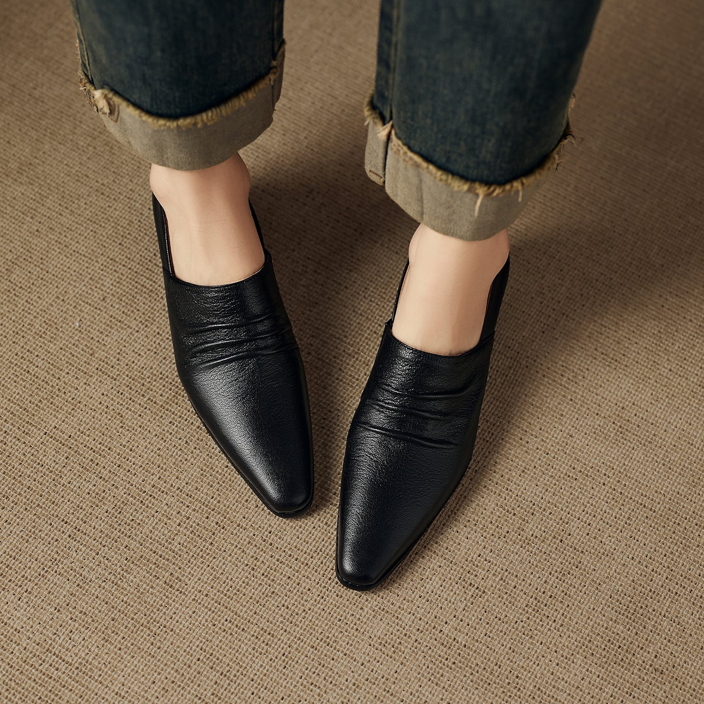 TinaCus Women's Slip-on Pumps Handmade Genuine Leather Pointed Toe Chunky Heel Casual Shoes