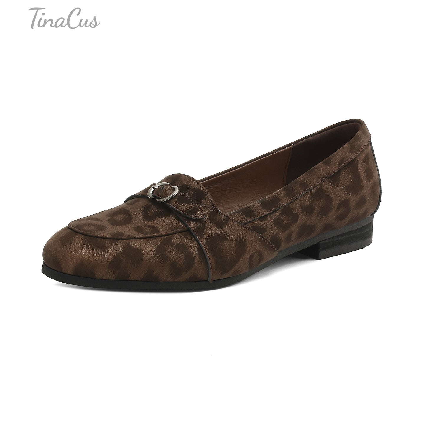 TinaCus Leopard Print Genuine Leather Women's Round Toe Handmade Buckle Slip on Flat Loafers Shoes