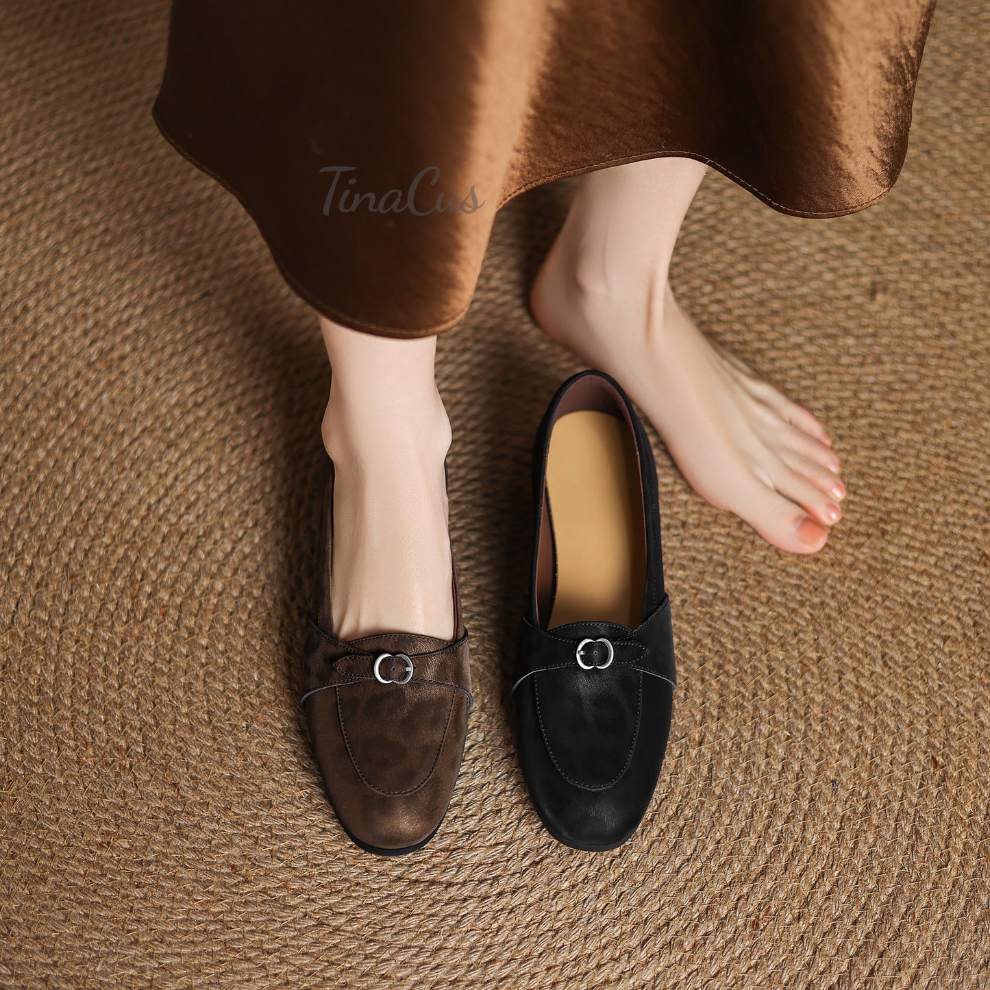 TinaCus Leopard Print Genuine Leather Women's Round Toe Handmade Buckle Slip on Flat Loafers Shoes