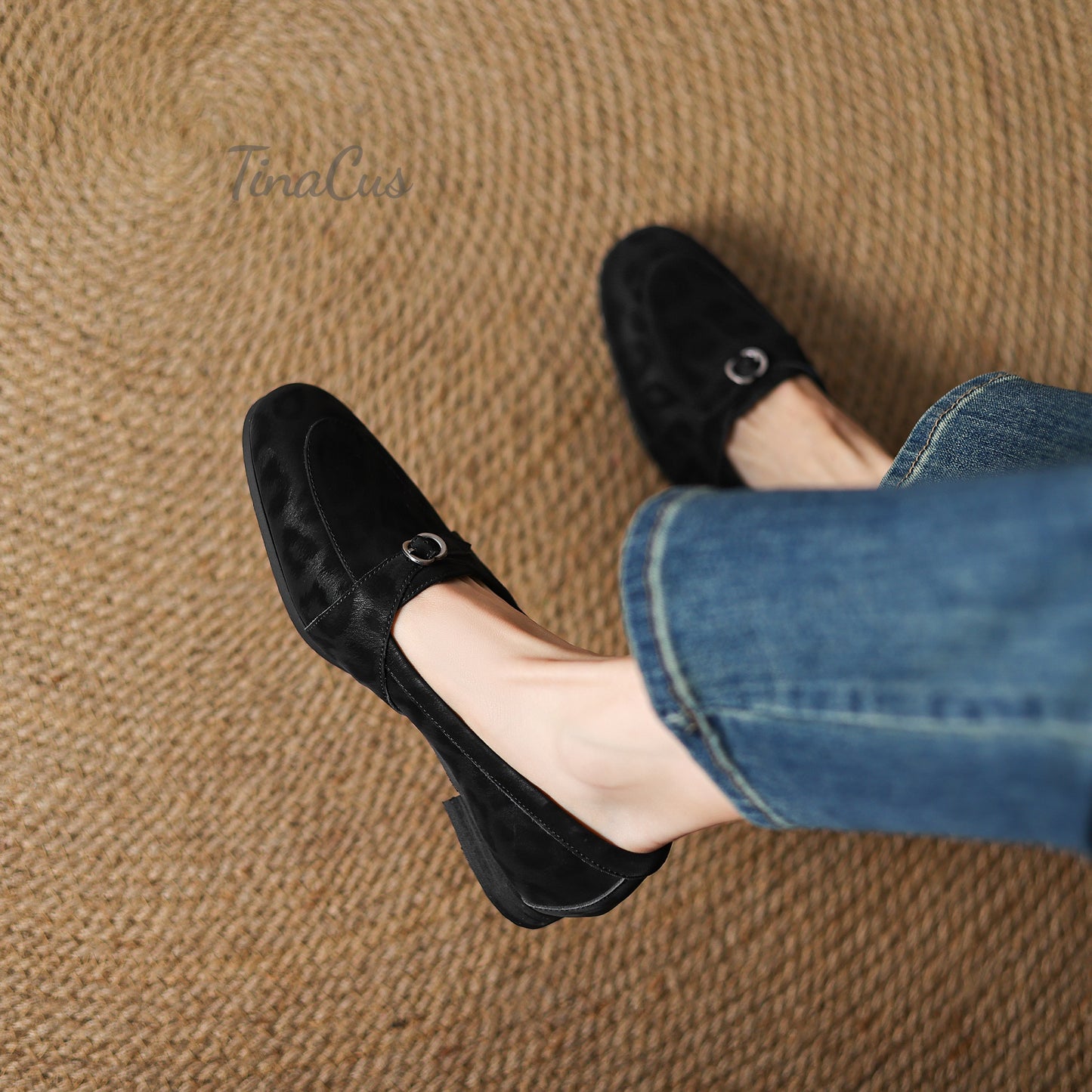 TinaCus Leopard Print Genuine Leather Women's Round Toe Handmade Buckle Slip on Flat Loafers Shoes