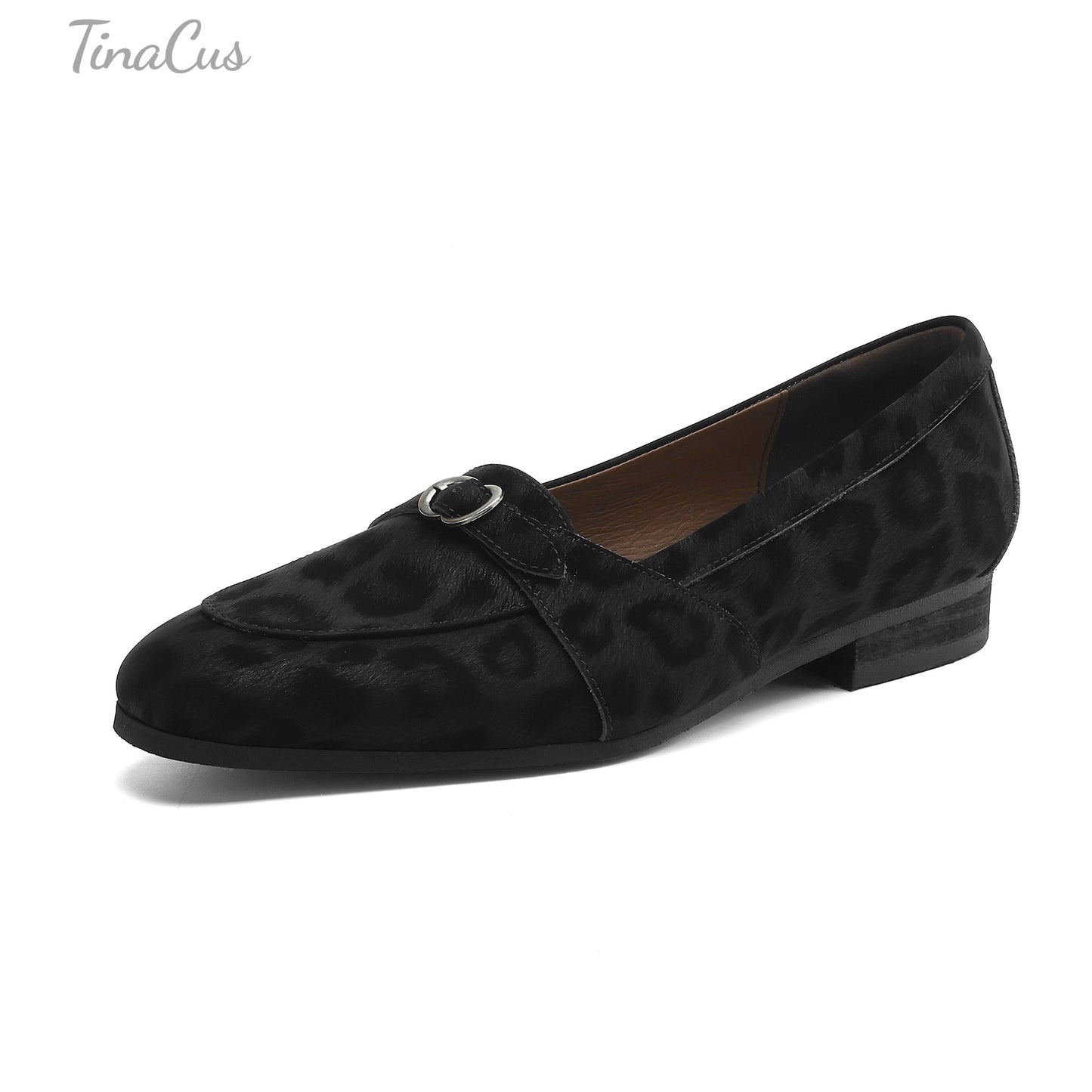 TinaCus Leopard Print Genuine Leather Women's Round Toe Handmade Buckle Slip on Flat Loafers Shoes