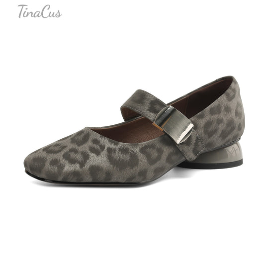 TinaCus Leopard Print Genuine Leather Women's Square Toe Handmade Low Heels Mary Jane Shoes