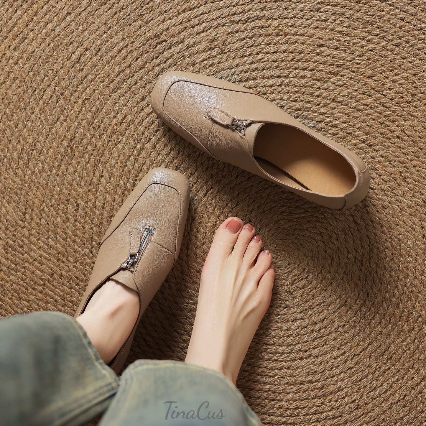 TinaCus Genuine Leather Women's Square Toe Handmade Front Zipper Low Heels Pumps Shoes