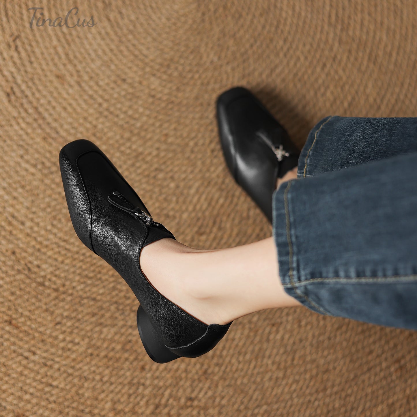 TinaCus Genuine Leather Women's Square Toe Handmade Front Zipper Low Heels Pumps Shoes