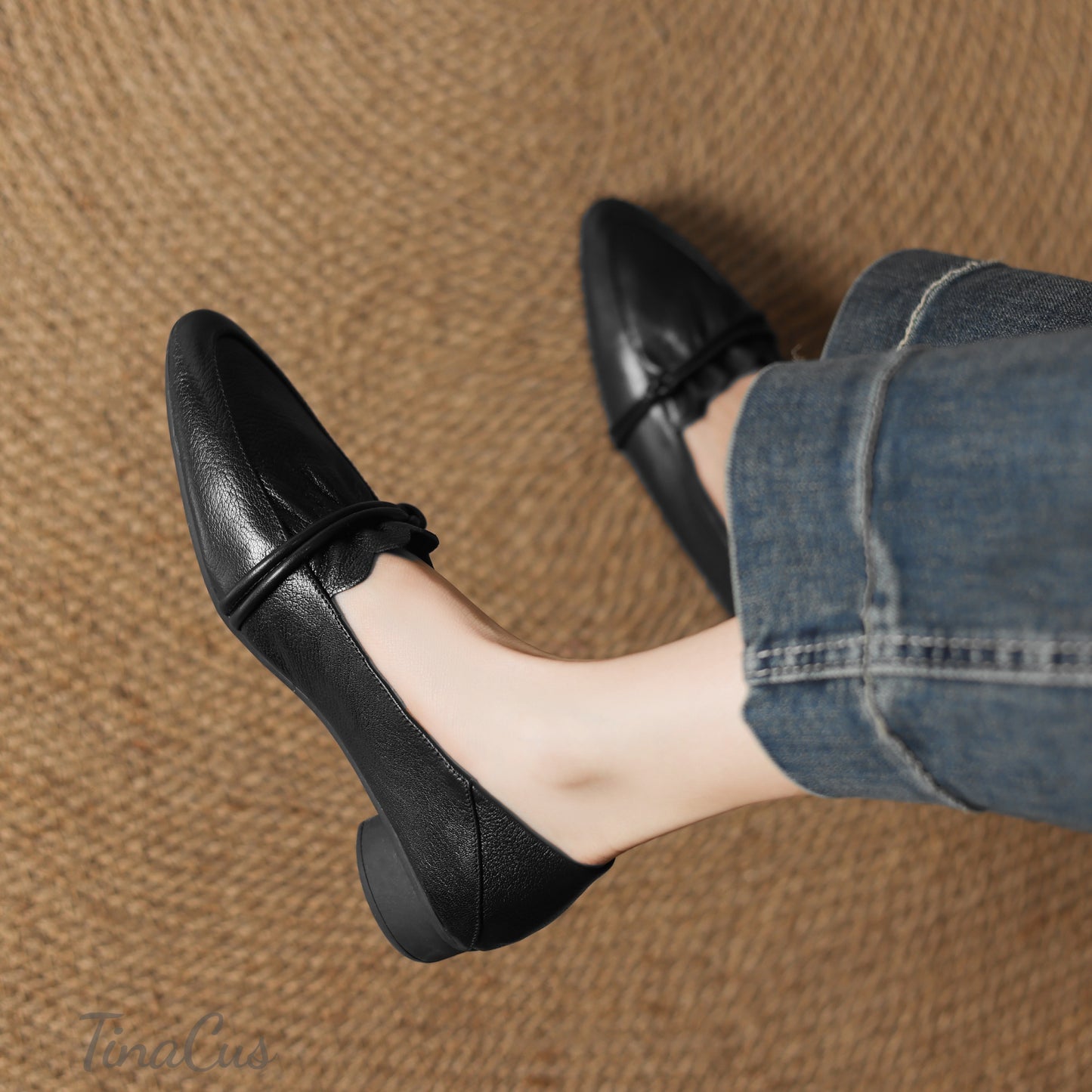 TinaCus Women's Pointed Toe Soft Genuine Leather Low Chunky Heels Handmade Pumps Shoes