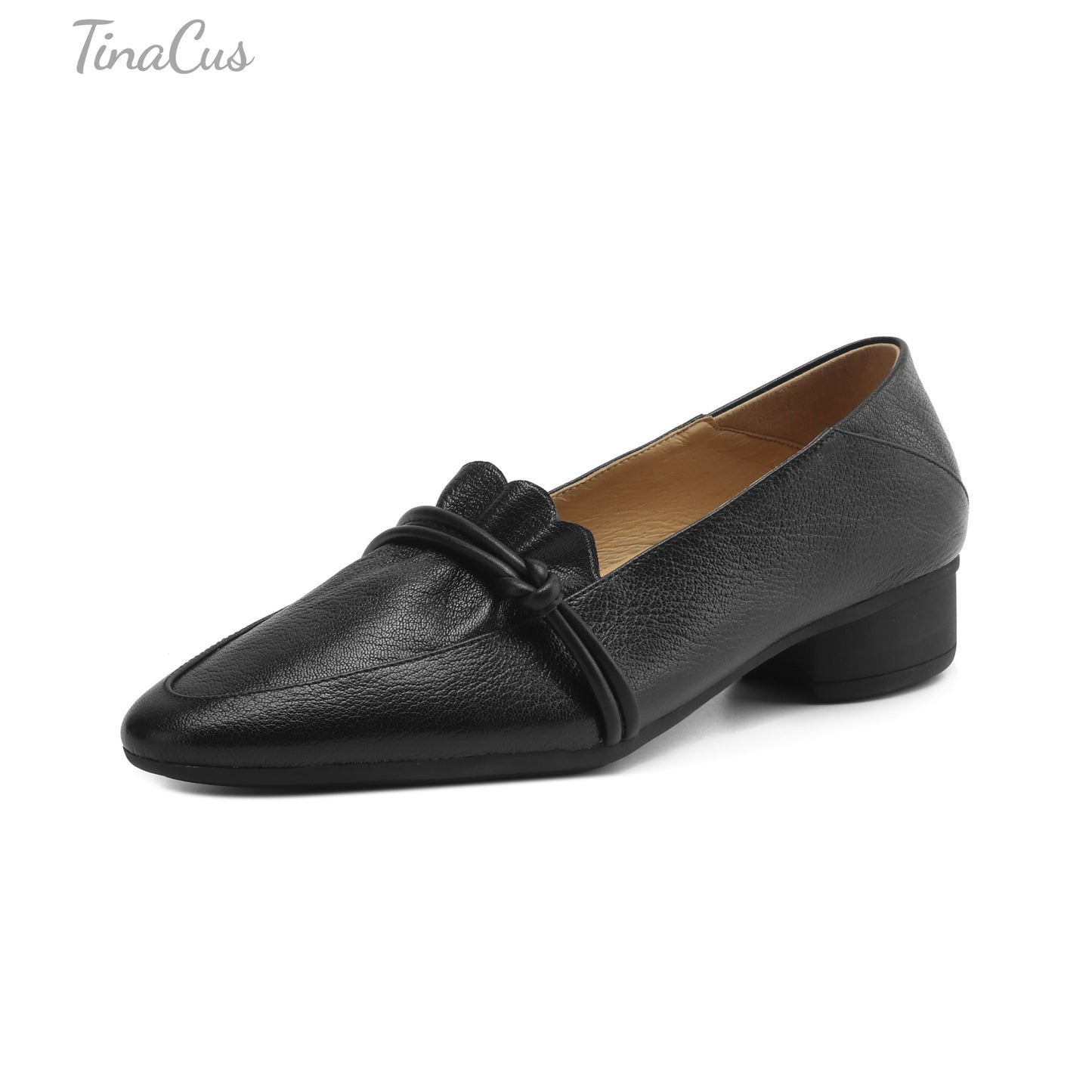 TinaCus Women's Pointed Toe Soft Genuine Leather Low Chunky Heels Handmade Pumps Shoes