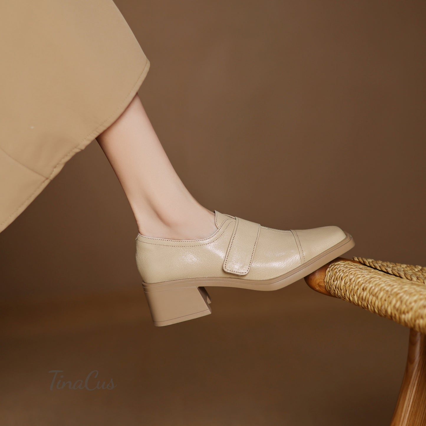 TinaCus Genuine Leather Handmade Chunky Heels Women's Square Toe Trendy Pumps Shoes