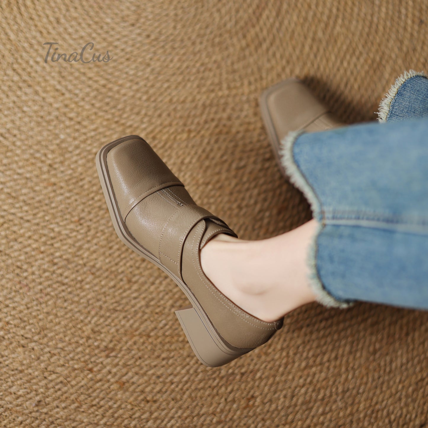 TinaCus Genuine Leather Handmade Chunky Heels Women's Square Toe Trendy Pumps Shoes