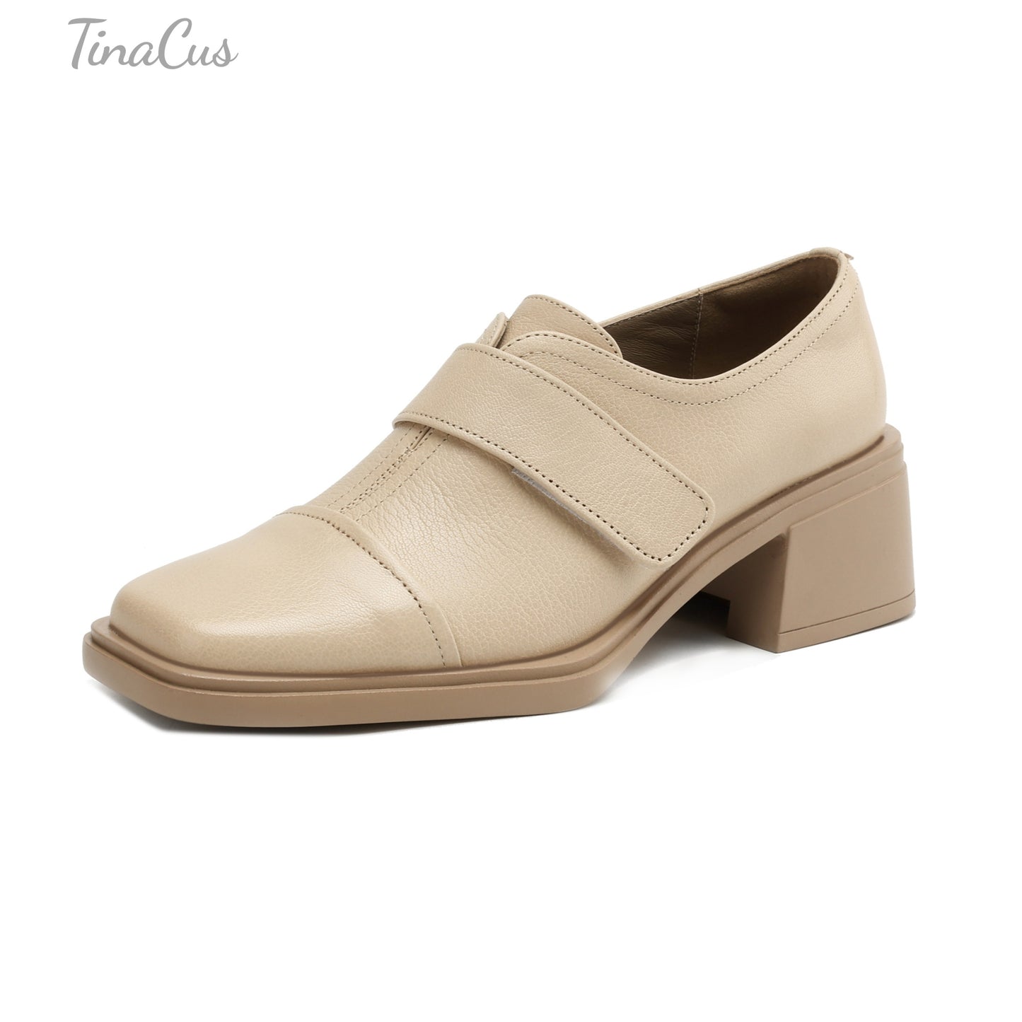 TinaCus Genuine Leather Handmade Chunky Heels Women's Square Toe Trendy Pumps Shoes