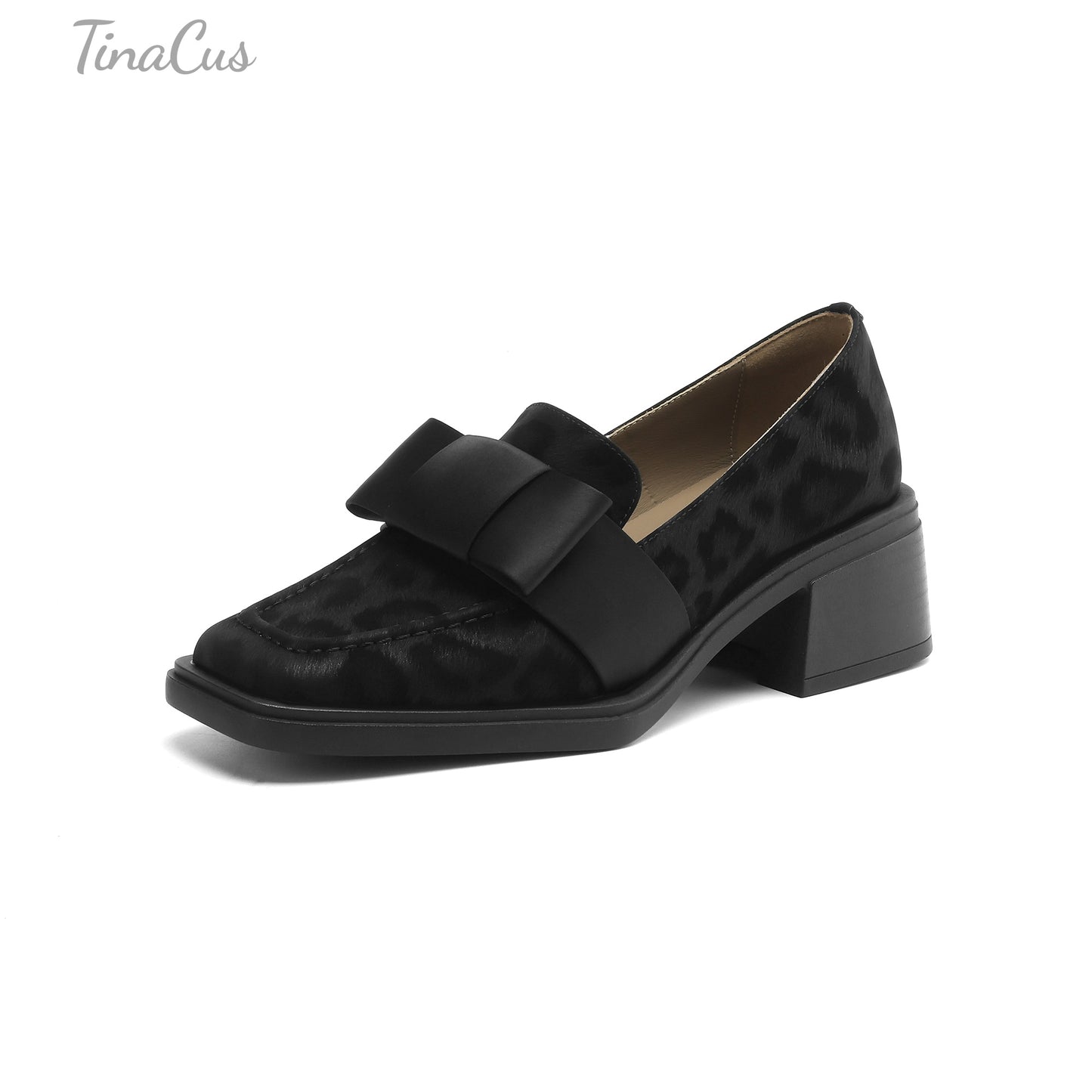 TinaCus Women's Square Toe Genuine Leather with Satin Bowknot Handmade Chunky Heels Trendy Loafers Shoes