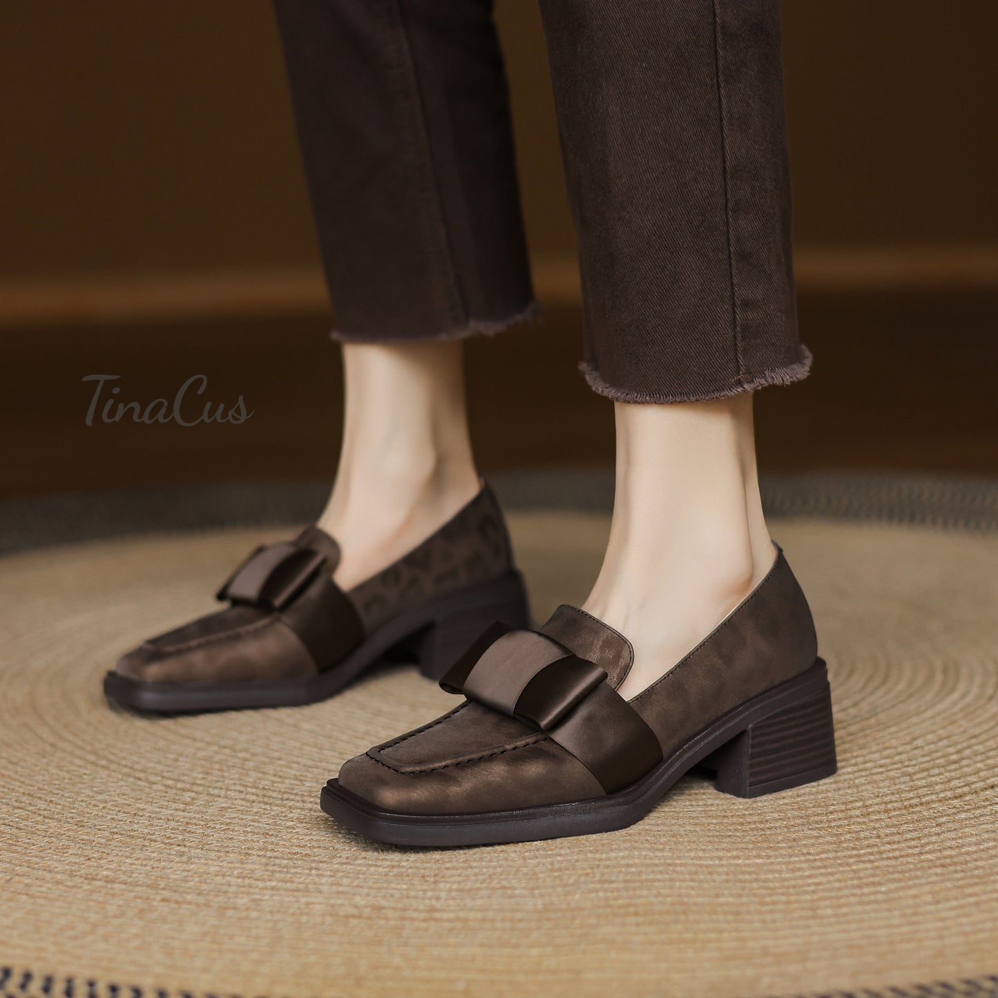 TinaCus Women's Square Toe Genuine Leather with Satin Bowknot Handmade Chunky Heels Trendy Loafers Shoes