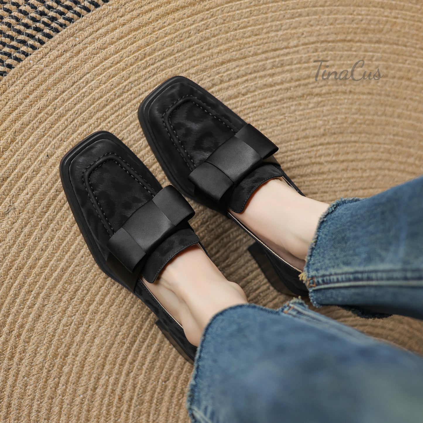 TinaCus Women's Square Toe Genuine Leather with Satin Bowknot Handmade Chunky Heels Trendy Loafers Shoes