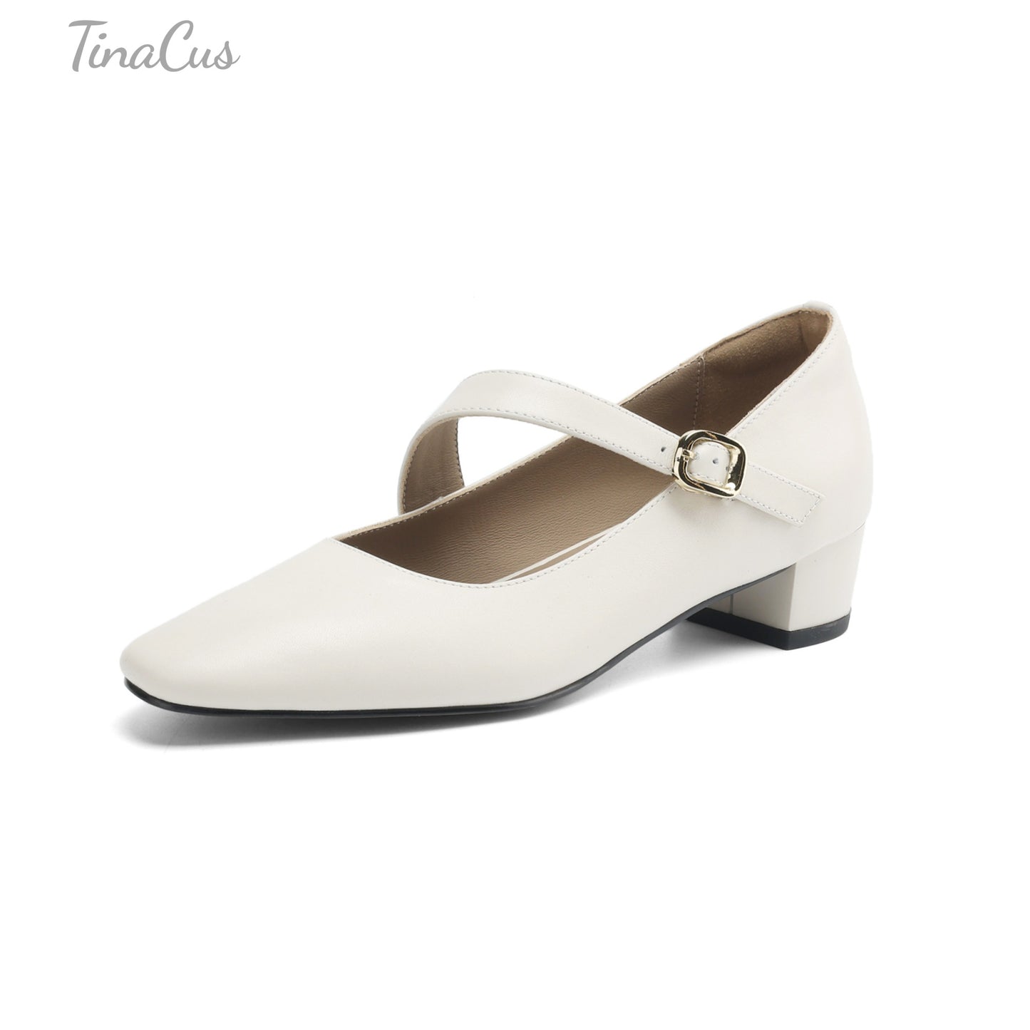 TinaCus Genuine Leather Handmade Buckle Women's Round Toe Low Chunky Heels Mary Jane Shoes