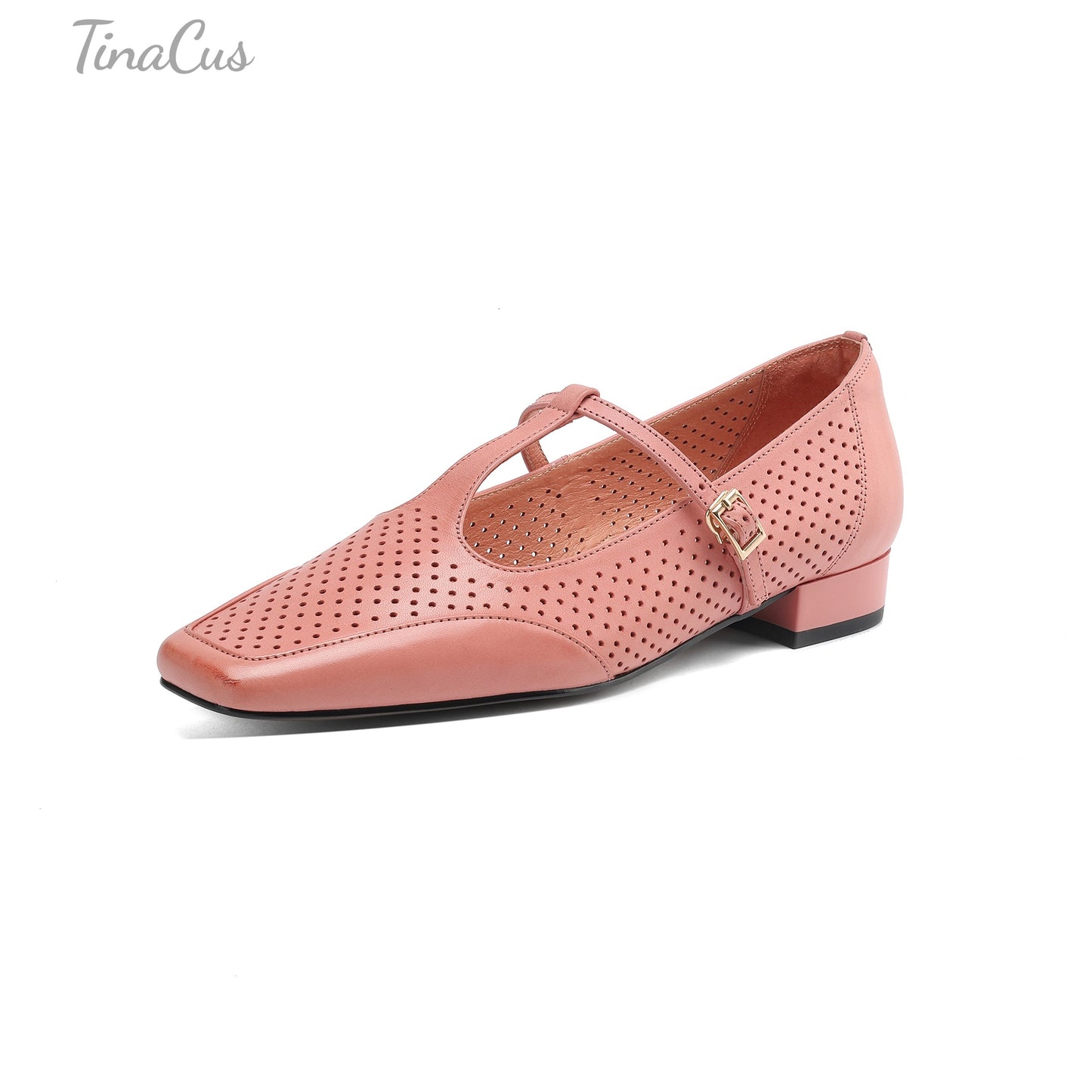 TinaCus Breathable Genuine Leather Handmade T-Strap Women's Square Toe Comfortable Flat Shoes