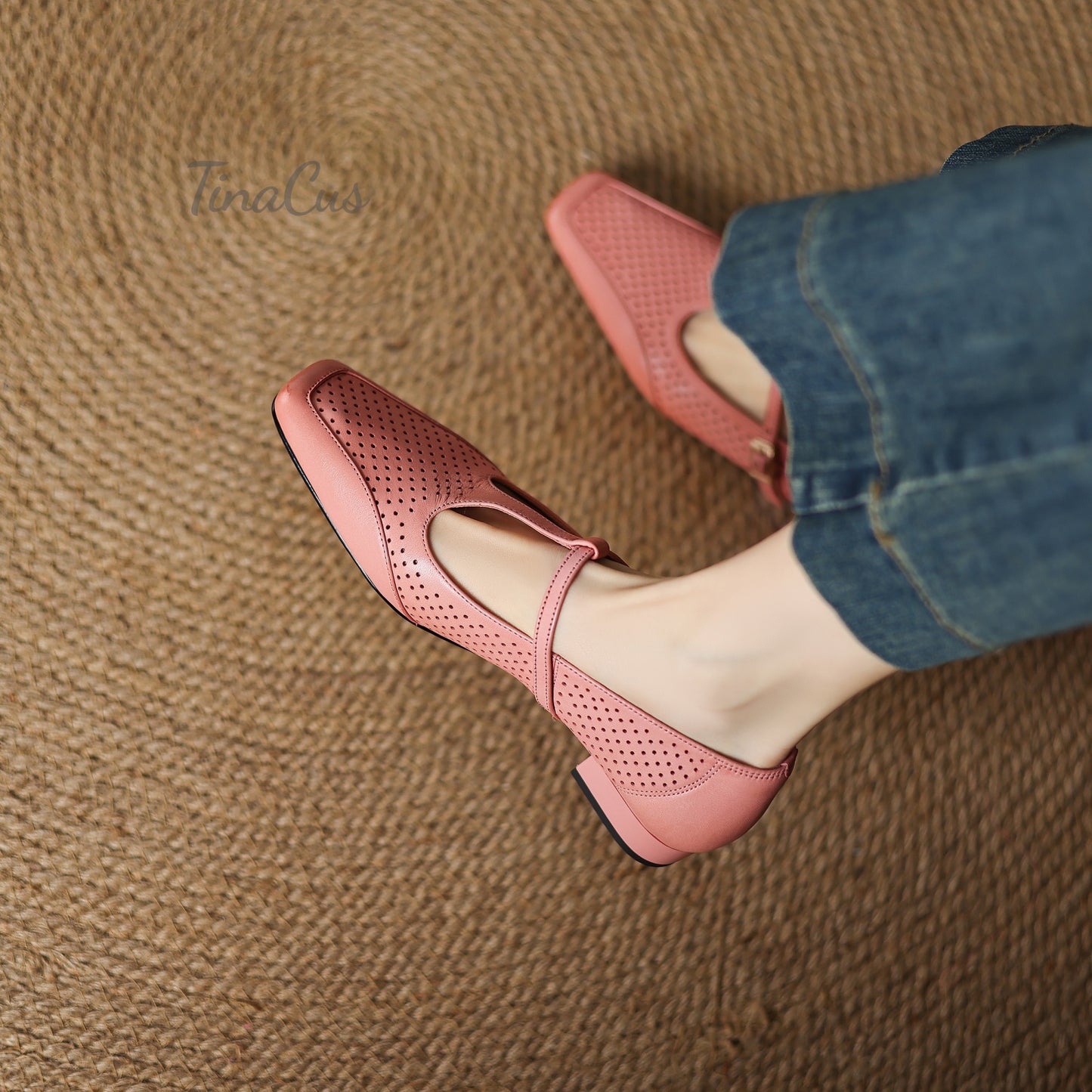 TinaCus Breathable Genuine Leather Handmade T-Strap Women's Square Toe Comfortable Flat Shoes
