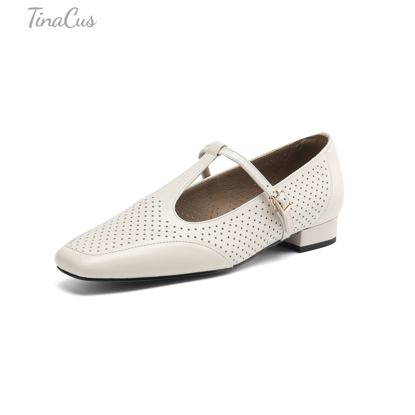 TinaCus Breathable Genuine Leather Handmade T-Strap Women's Square Toe Comfortable Flat Shoes