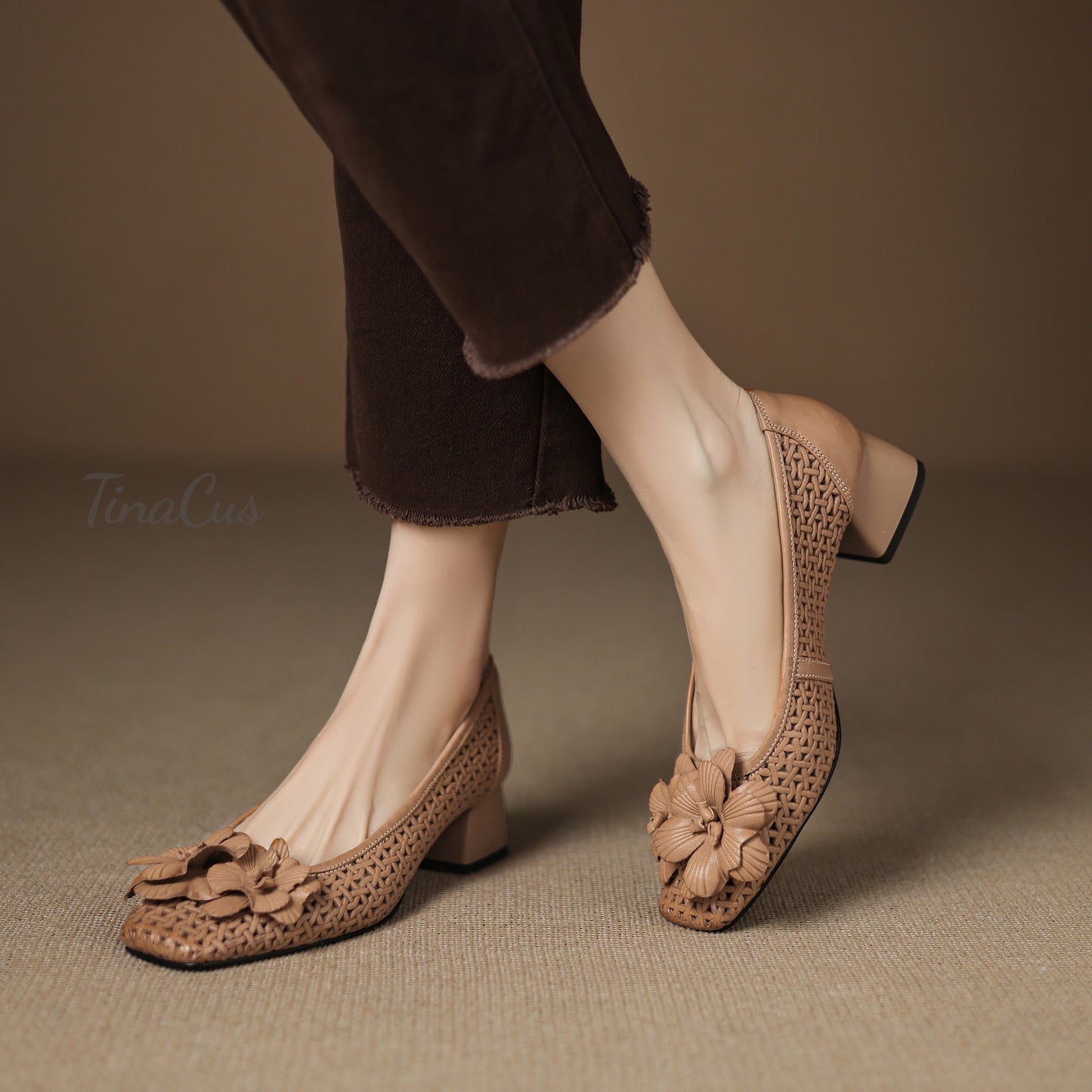 TinaCus Women's Square Toe Genuine Leather with Holes Handmade Flowers Low Chunky Heels Casual Loafers Shoes