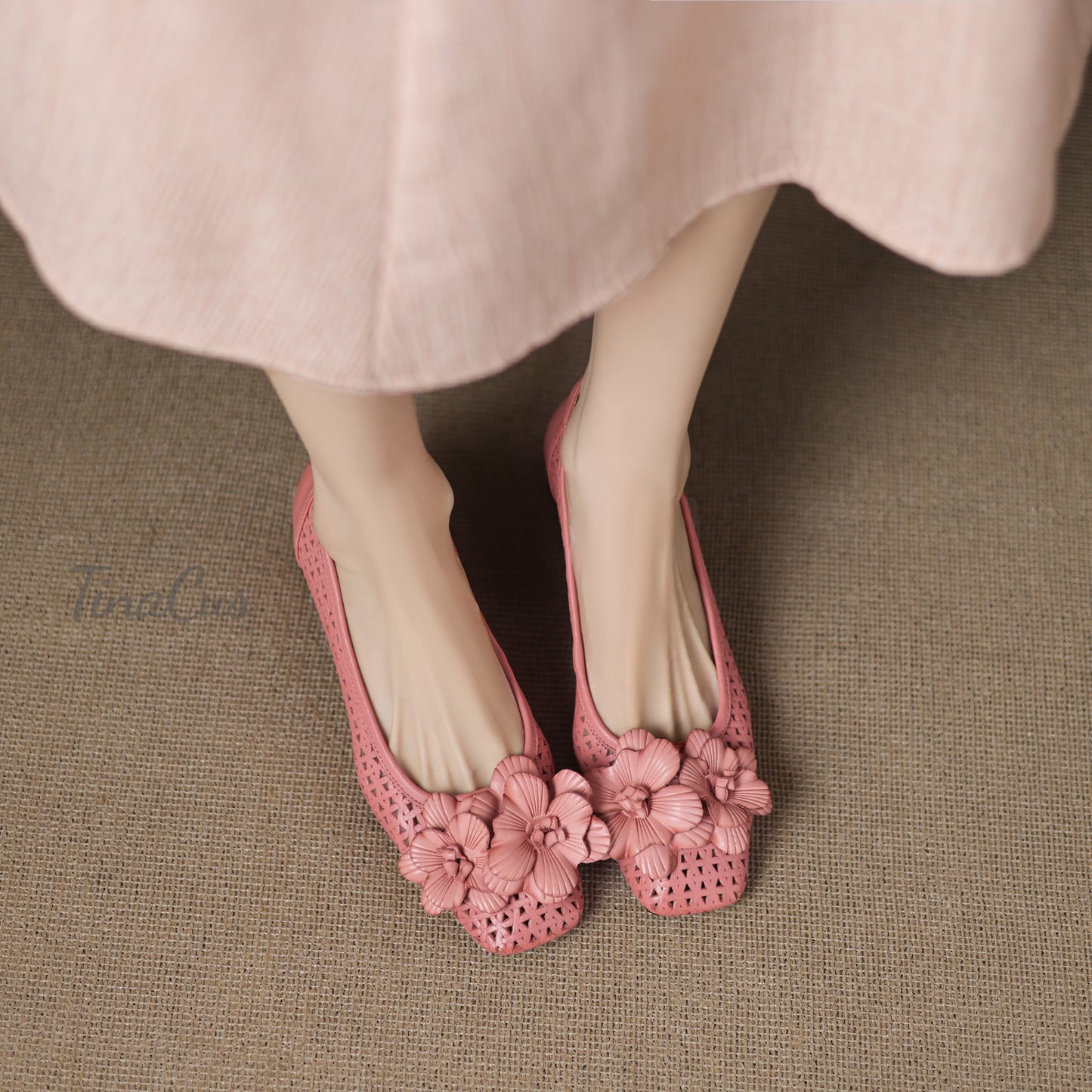 TinaCus Women's Square Toe Genuine Leather with Holes Handmade Flowers Low Chunky Heels Casual Loafers Shoes