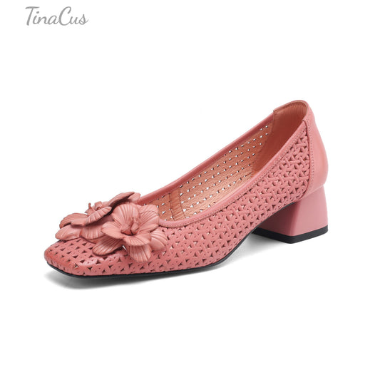 TinaCus Women's Square Toe Genuine Leather with Holes Handmade Flowers Low Chunky Heels Casual Loafers Shoes
