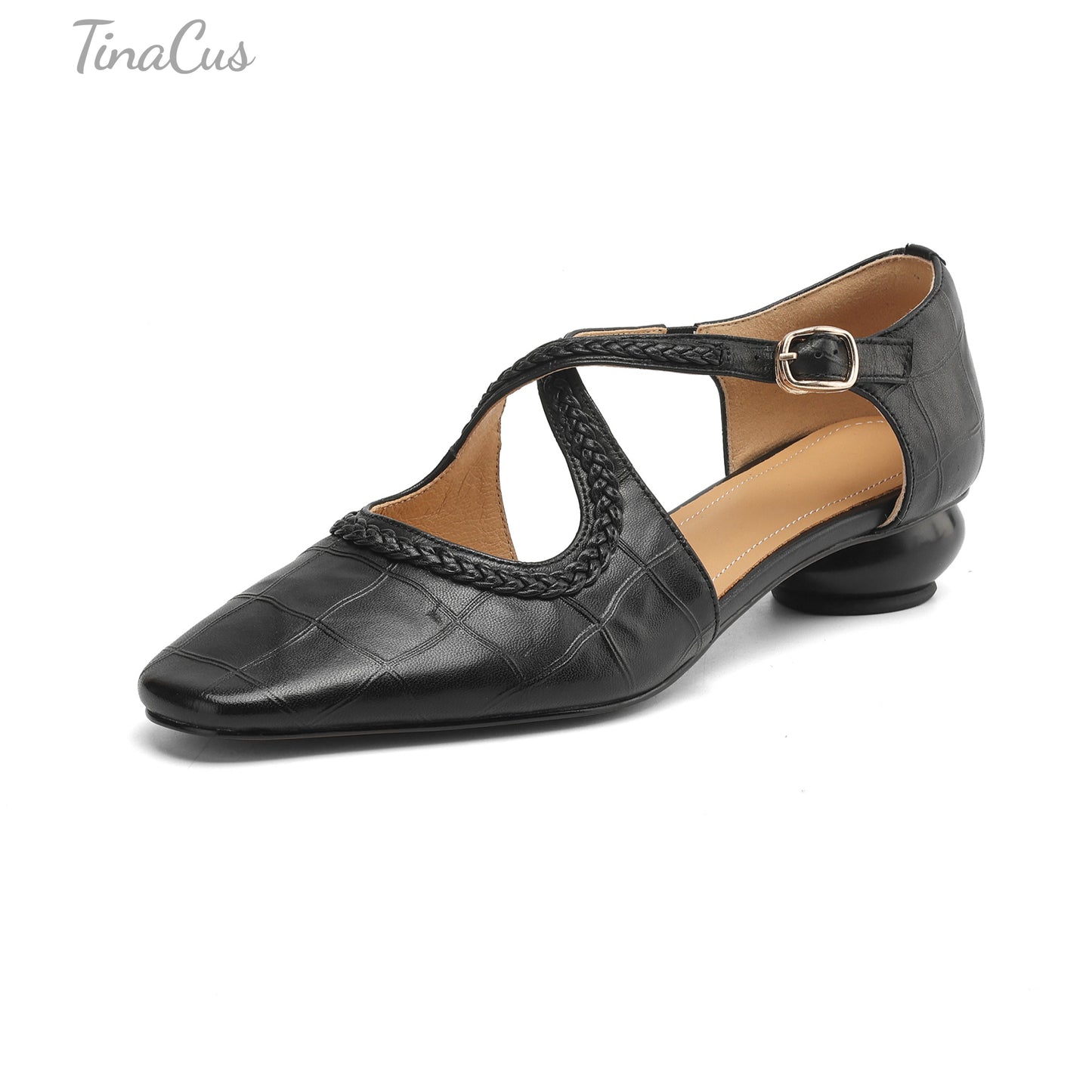 TinaCus Women's Round Toe Cross Straps Buckle Genuine Leather Handmade Low Heels Trendy Pumps Shoes