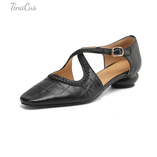 TinaCus Women's Round Toe Cross Straps Buckle Genuine Leather Handmade Low Heels Trendy Pumps Shoes