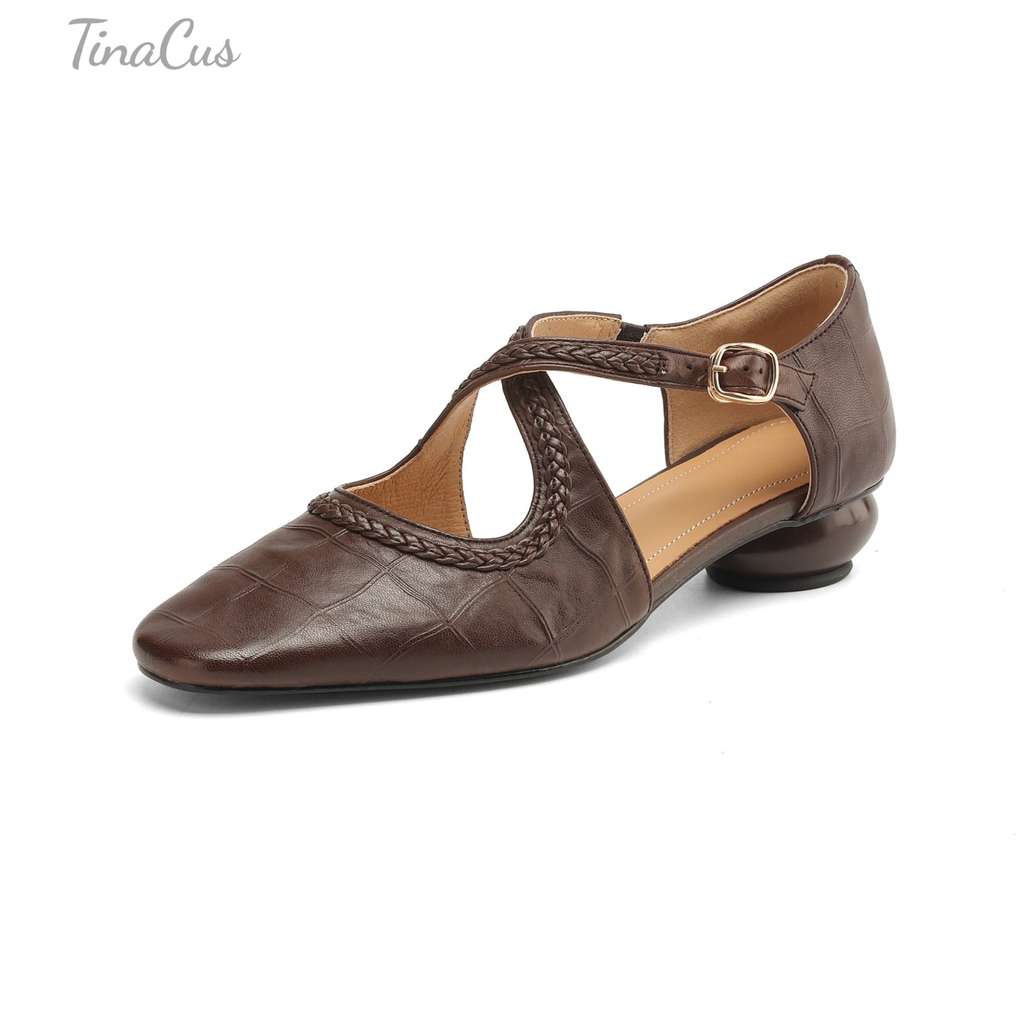 TinaCus Women's Round Toe Cross Straps Buckle Genuine Leather Handmade Low Heels Trendy Pumps Shoes