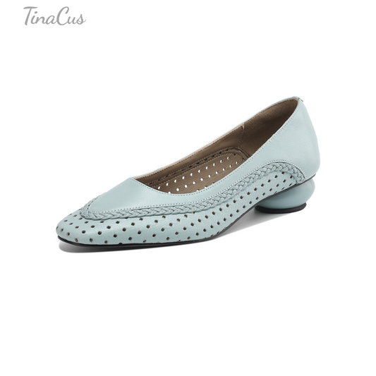 TinaCus Women's Round Toe Genuine Leather with Holes Handmade Cone Heels Casual Loafers Shoes
