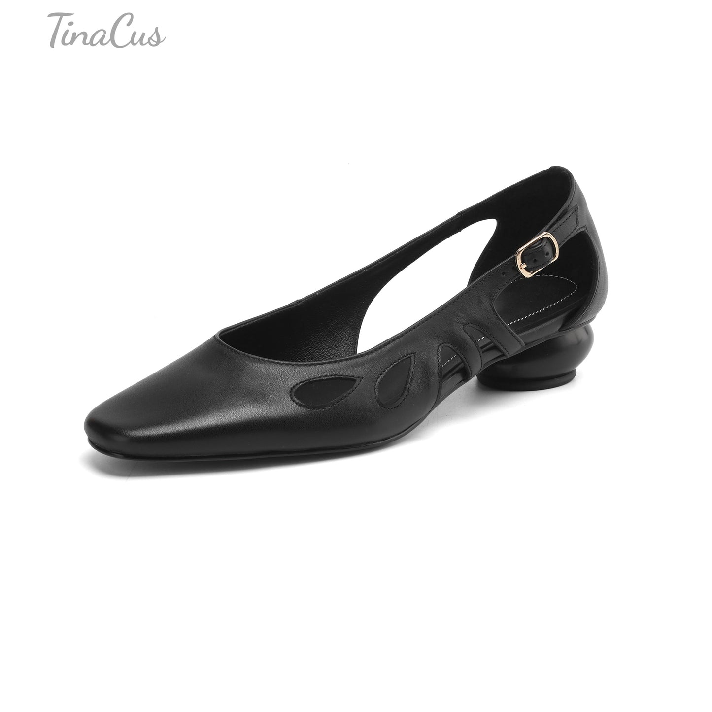 TinaCus Women's Round Toe Genuine Leather Handmade Cone Heels Casual Pumps Shoes with Buckle