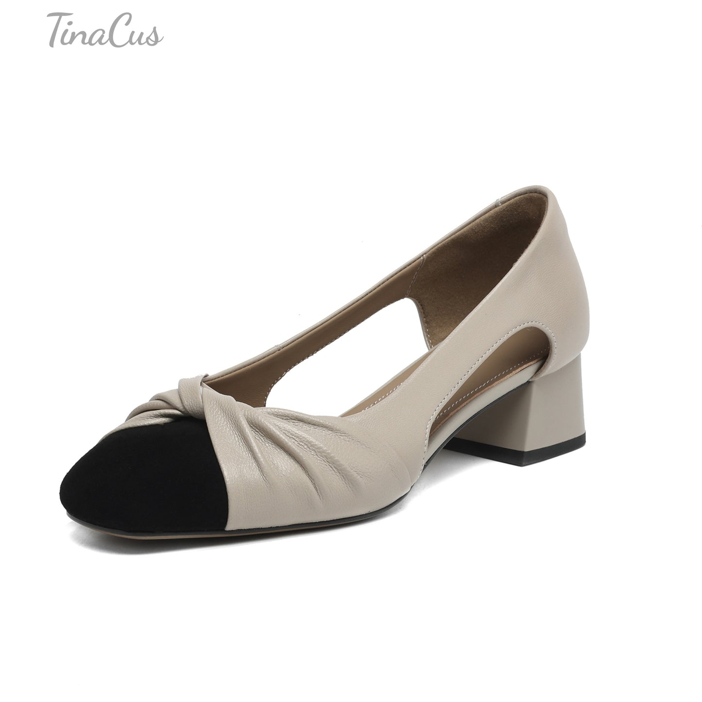 TinaCus Women's Cap Toe Genuine Leather Handmade Knot Low Chunky Heels Sandals Pumps Shoes