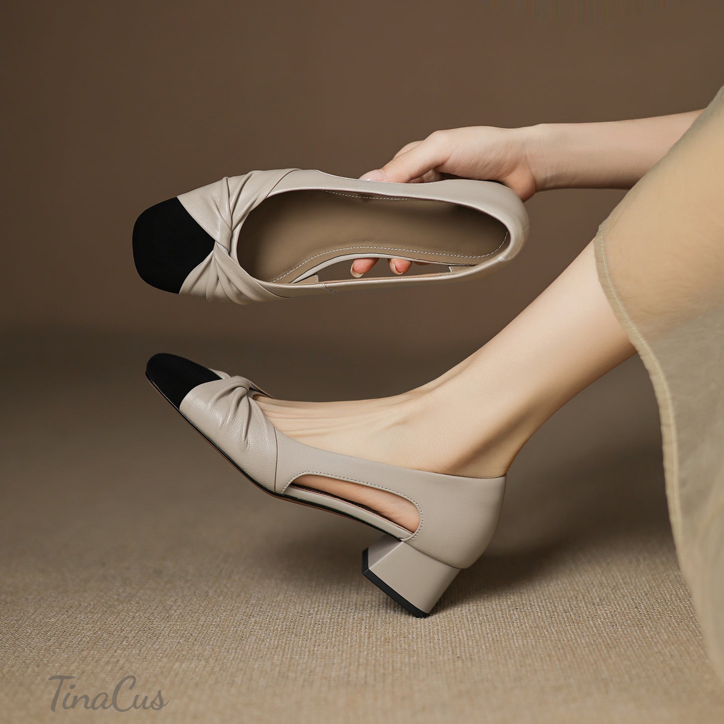 TinaCus Women's Cap Toe Genuine Leather Handmade Knot Low Chunky Heels Sandals Pumps Shoes