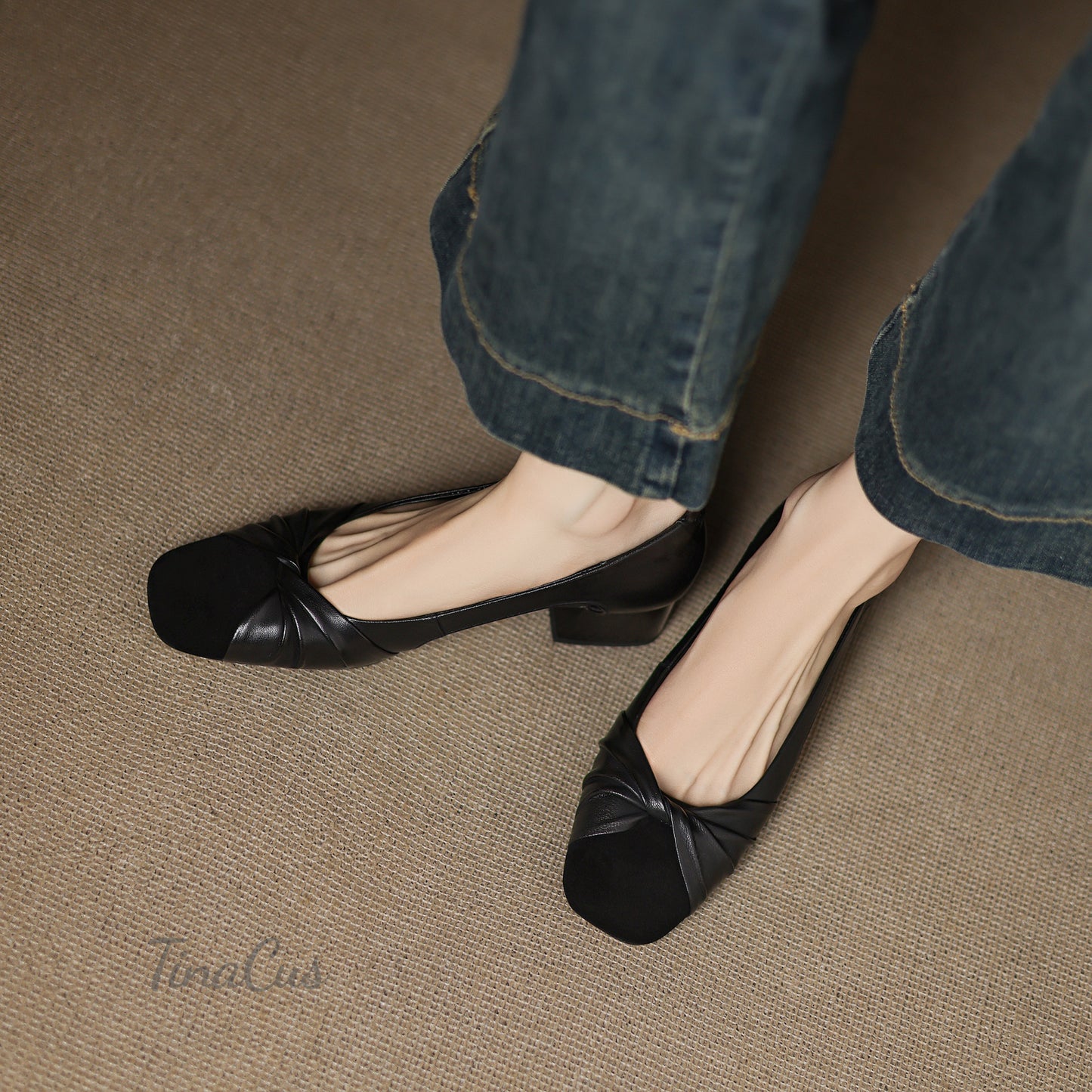 TinaCus Women's Cap Toe Genuine Leather Handmade Knot Low Chunky Heels Sandals Pumps Shoes