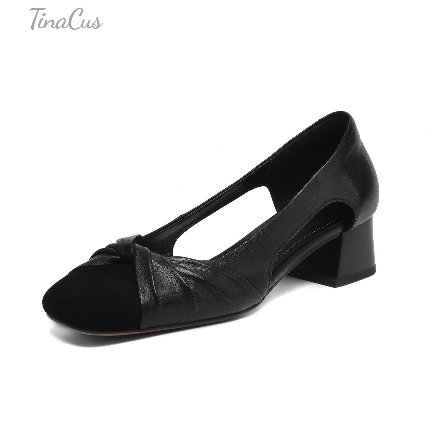 TinaCus Women's Cap Toe Genuine Leather Handmade Knot Low Chunky Heels Sandals Pumps Shoes