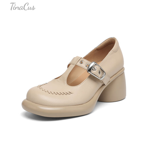 TinaCus Women's Round Toe Genuine Leather Handmade T-Strap Buckle Mid Heels with Platform Pumps Shoes