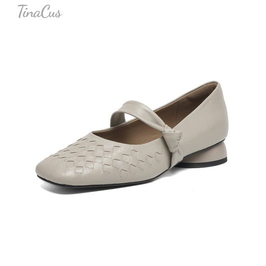 TinaCus Genuine Leather Women's Square Toe Low Chunky Heels Handmade Comfortable Mary Jane Shoes