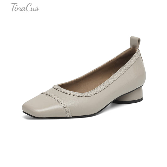 TinaCus Genuine Leather Women's Square Toe Low Chunky Heels Handmade Casual Loafers Shoes