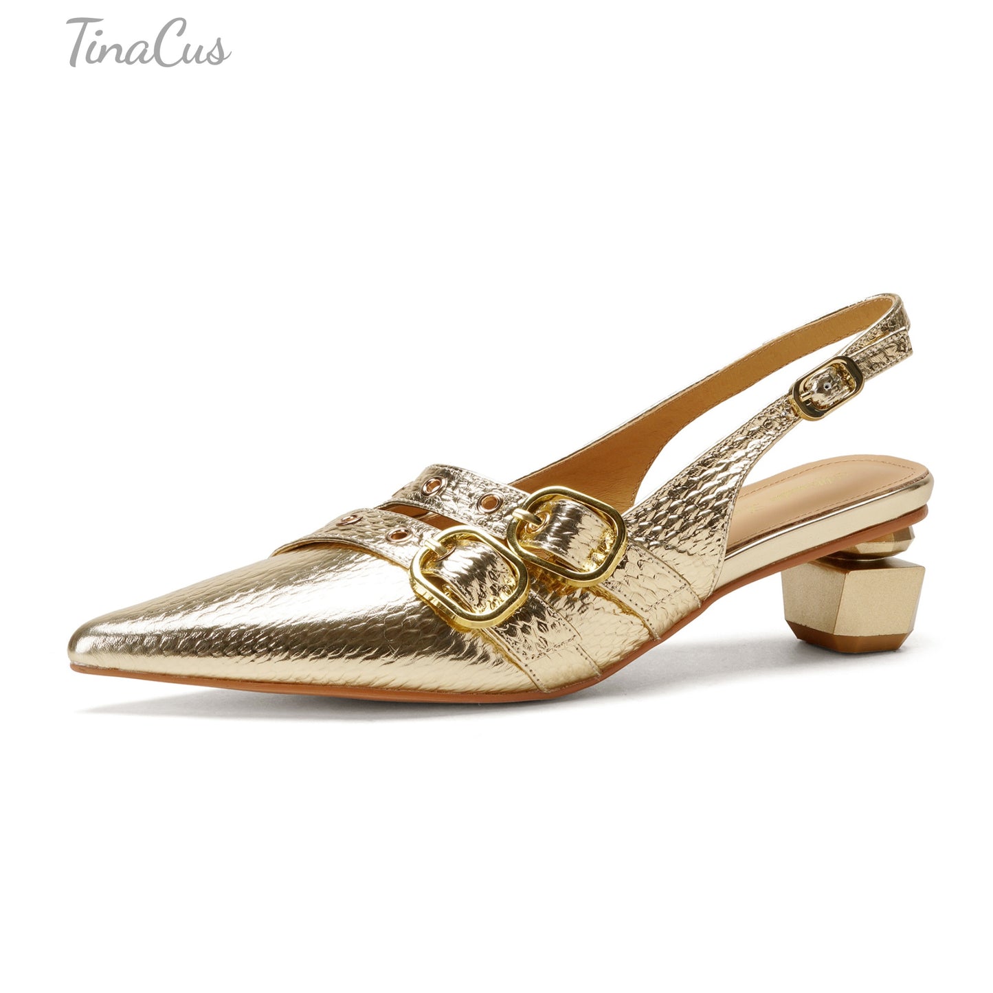 TinaCus Genuine Leather Women's Slingbacks Pointed Toe Handmade Buckles Low Heel Chic Sandals
