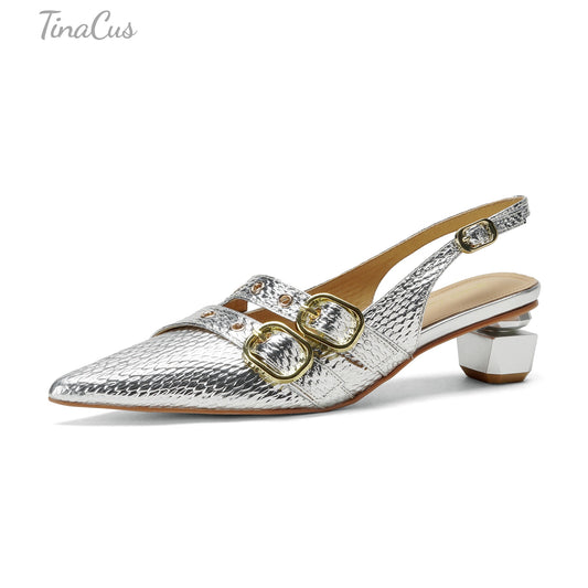 TinaCus Genuine Leather Women's Slingbacks Pointed Toe Handmade Buckles Low Heel Chic Sandals