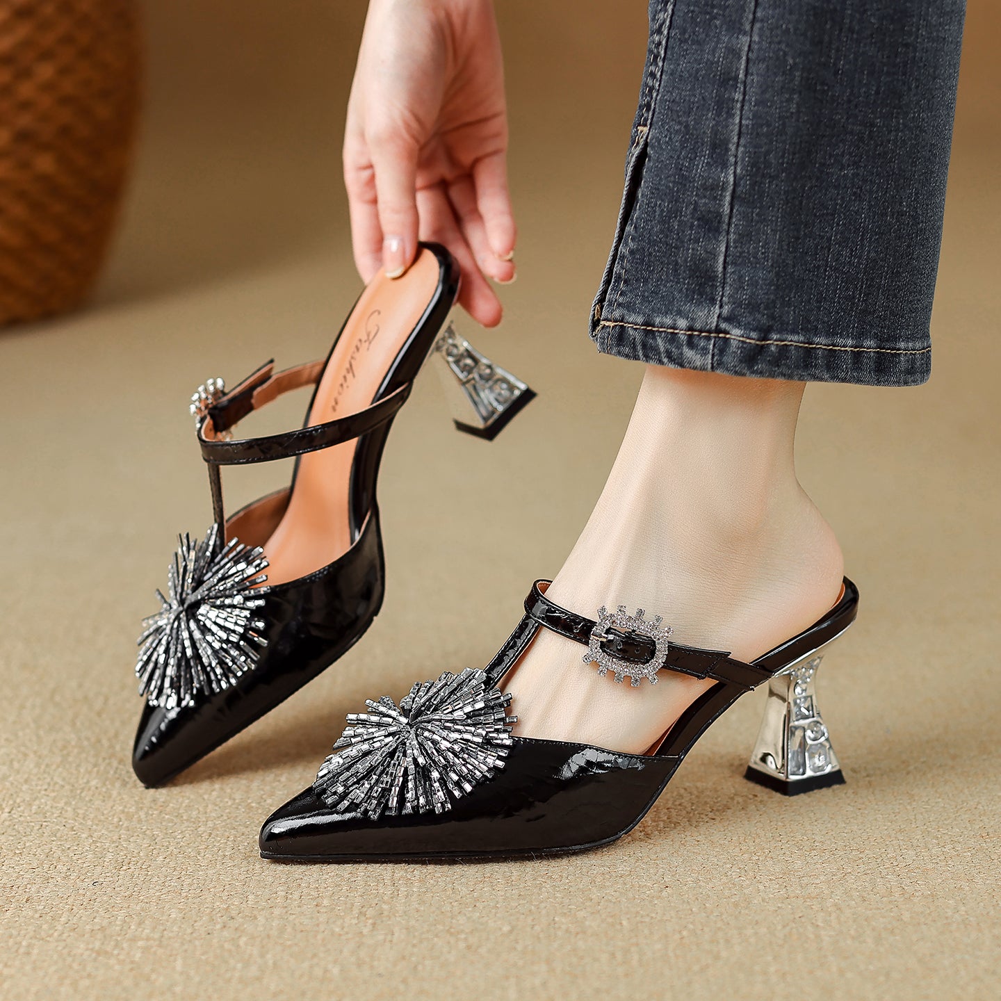 TinaCus Women's Rhinestone Mules Genuine Leather Handmade Pointed Toe Kitten Heel Slip On Sandals Shoes