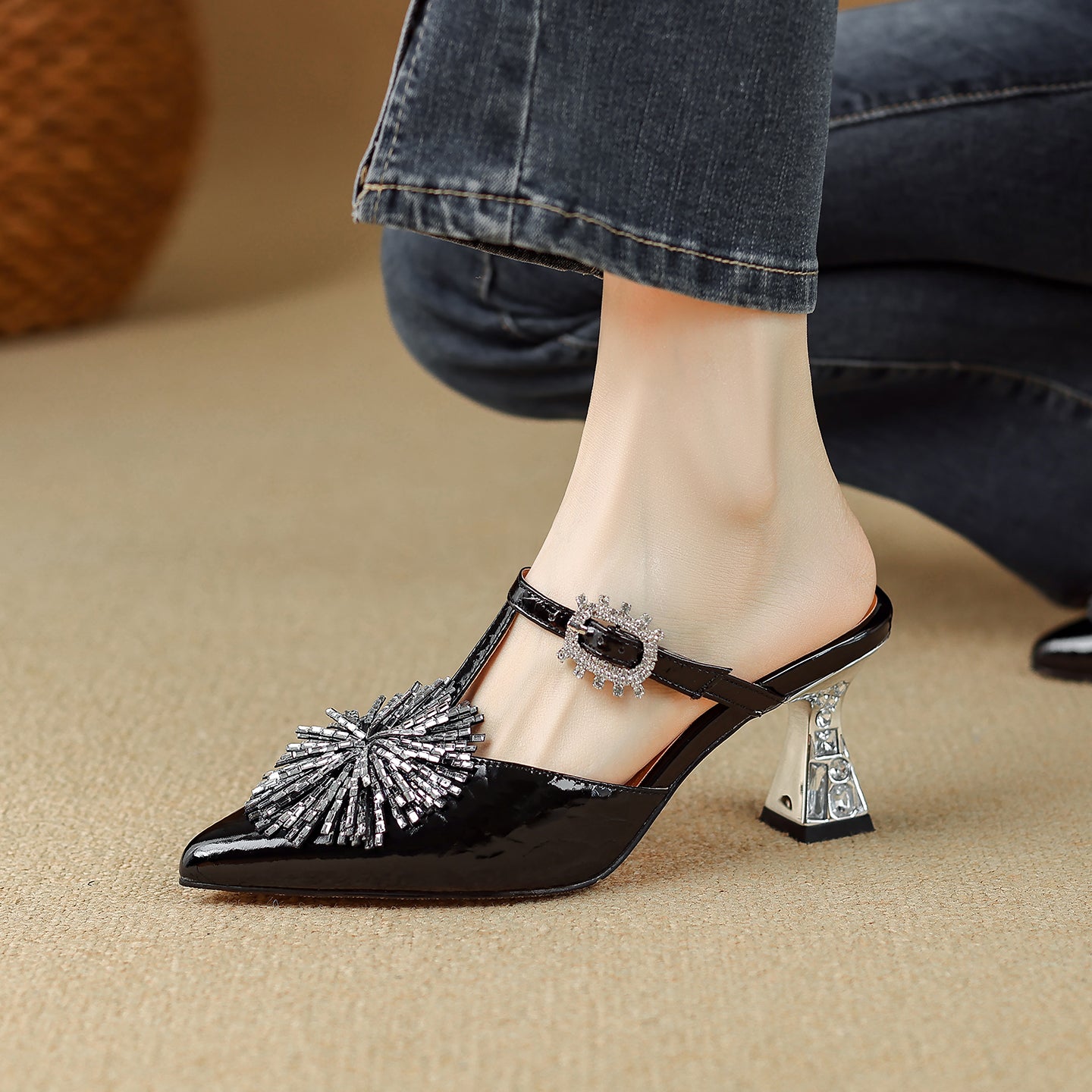 TinaCus Women's Rhinestone Mules Genuine Leather Handmade Pointed Toe Kitten Heel Slip On Sandals Shoes