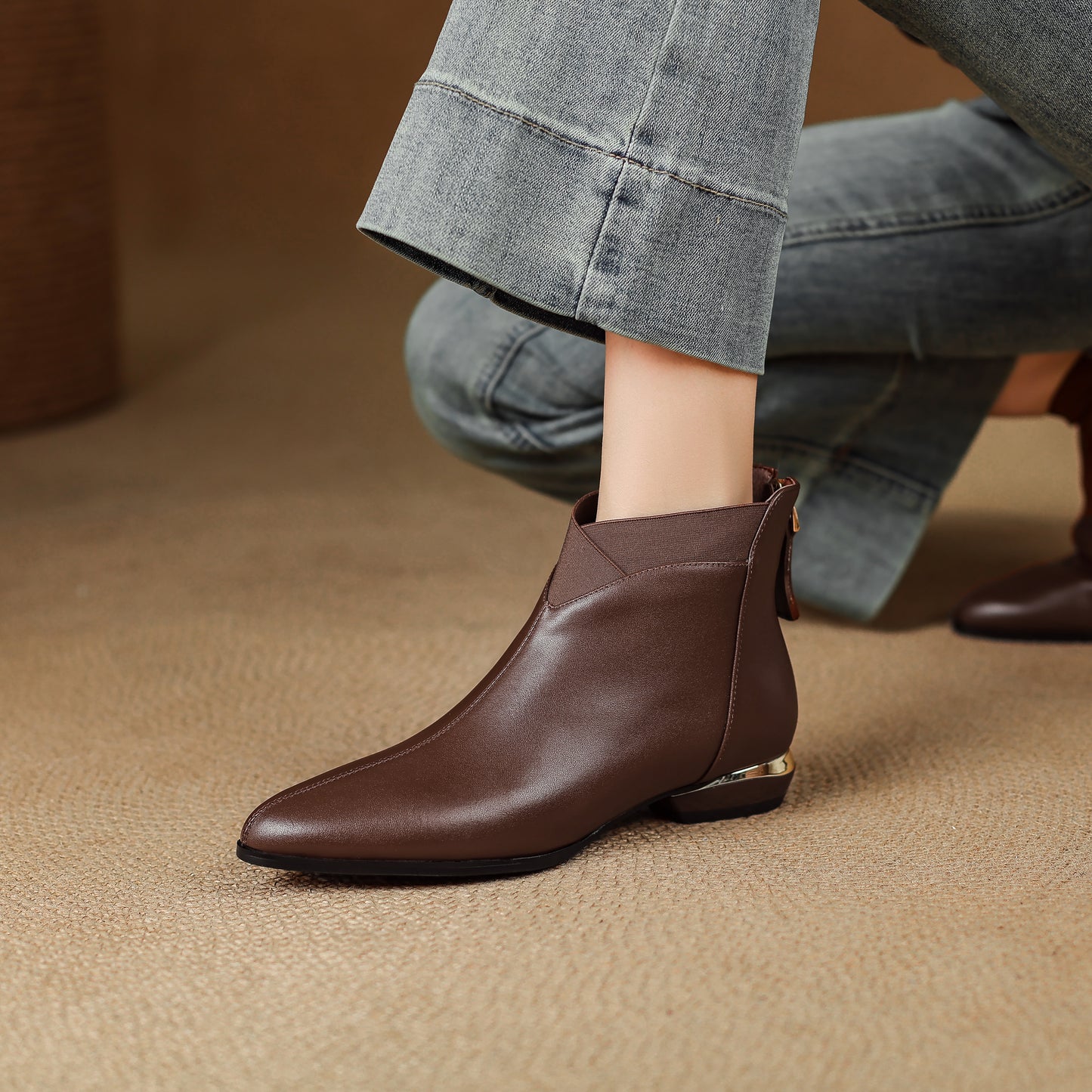 TinaCus Women's Leather Pointed Toe Ankle Booties Handmade Back Zipper Chunky Low Heel Dress Boots