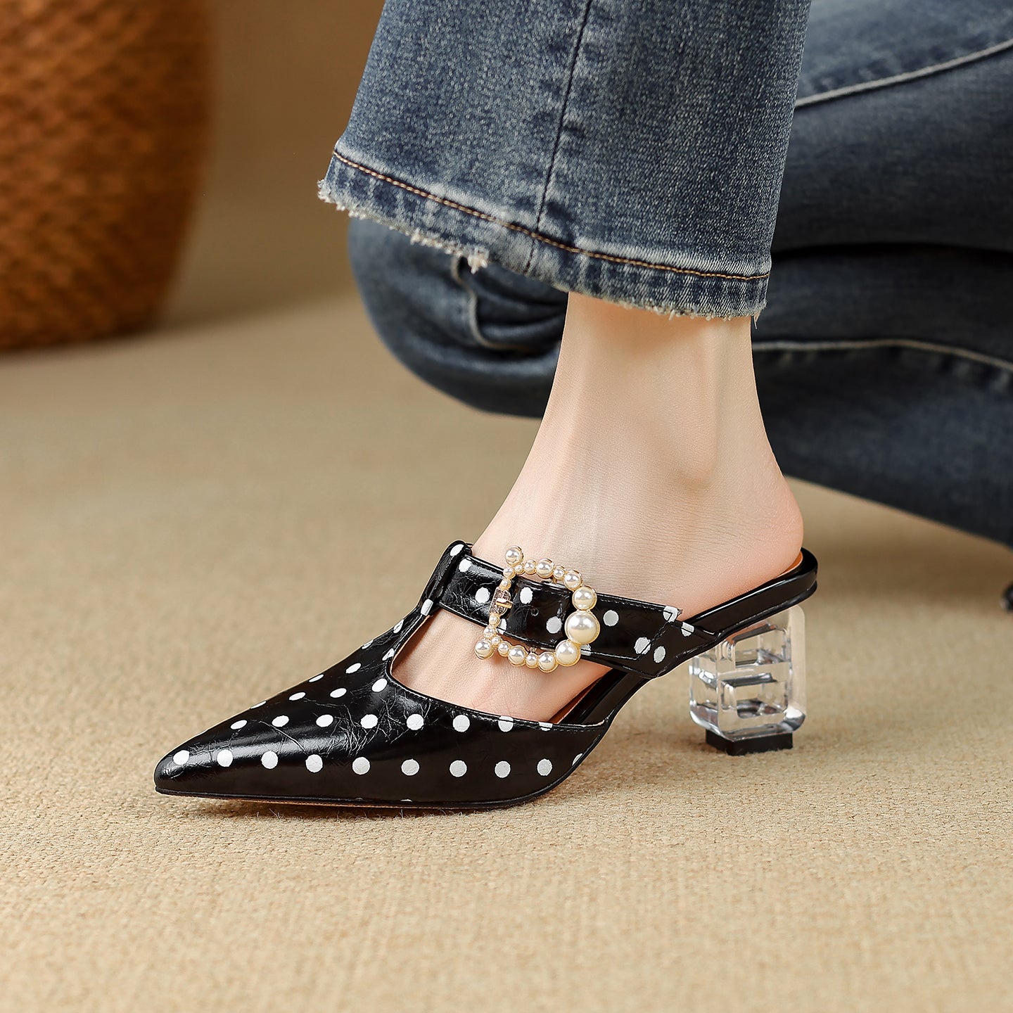 TinaCus Women's Mules Genuine Leather Handmade Wave Point Pointed Toe T-Strap Slip On Sandals Shoes Daily Party