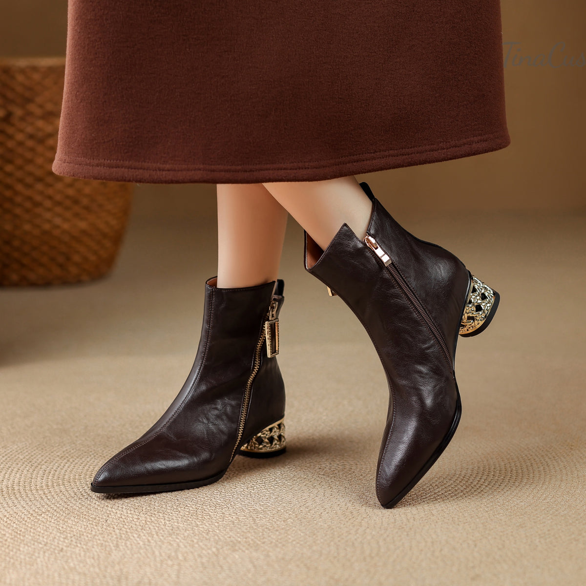 TinaCus Women’s Pointed Toe Side Zippers Metallic Block Heel Dress Ankle Boots