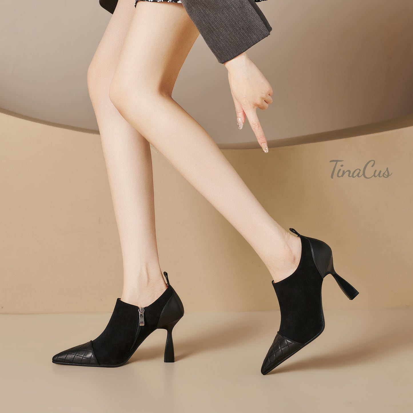 TinaCus Women's Genuine/Suede Leather Embossed Plaid Side Zipper Pointed Toe Stiletto Heel Pumps Shoes