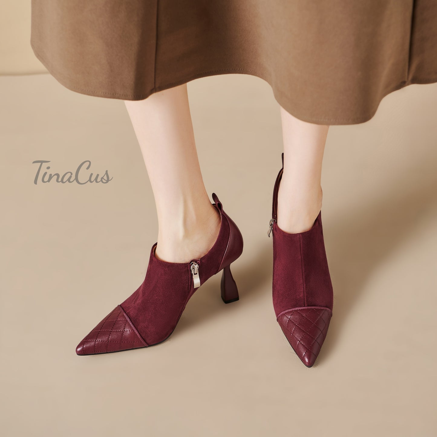 TinaCus Women's Genuine/Suede Leather Embossed Plaid Side Zipper Pointed Toe Stiletto Heel Pumps Shoes