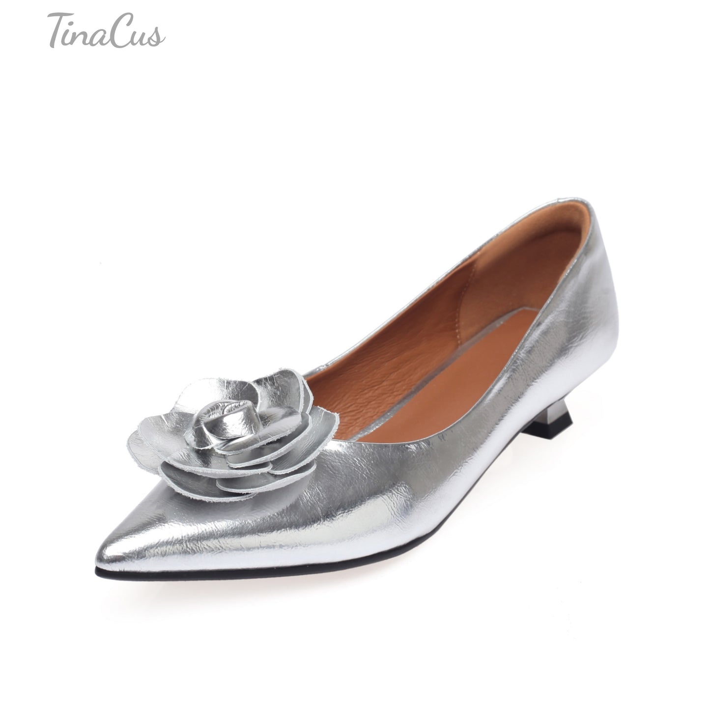 TinaCus Pointed Toe Genuine Leather Handmade Floral Décor Kitten Heels Women's Cute Pumps Shoes