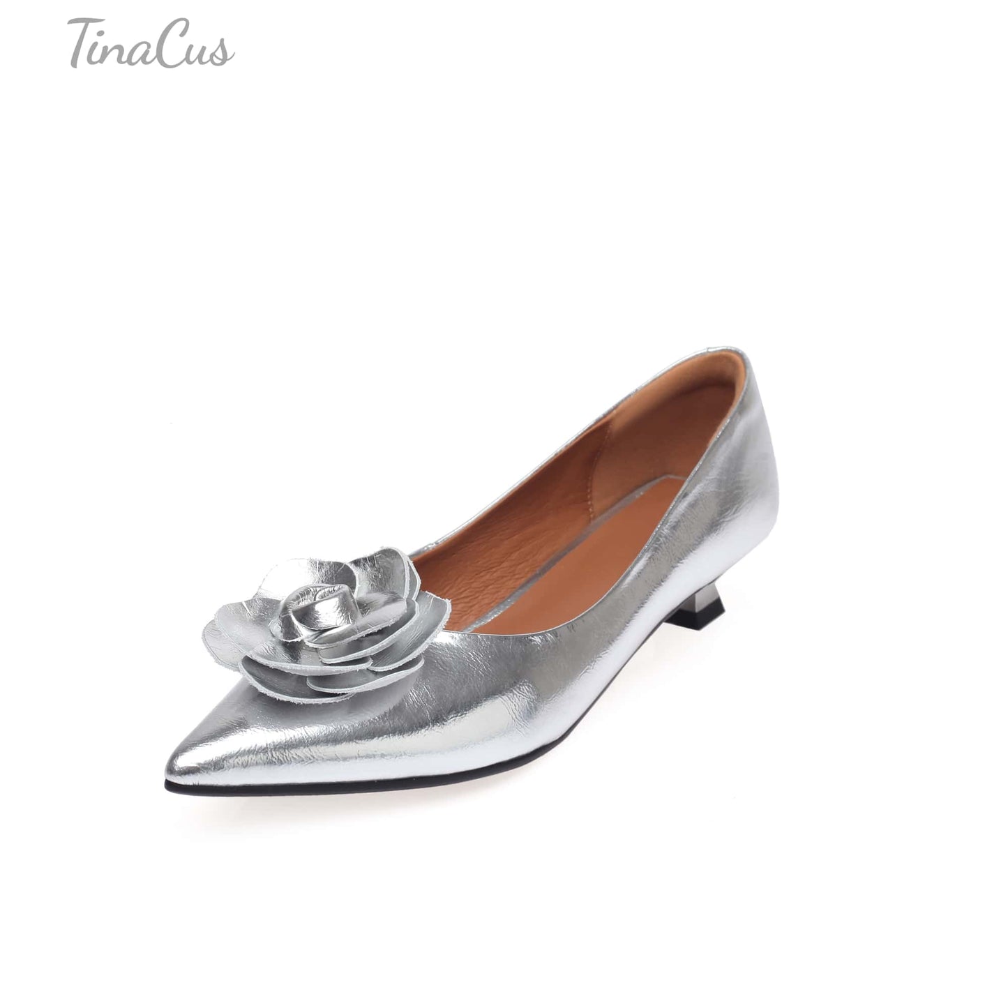 TinaCus Pointed Toe Genuine Leather Handmade Floral Kitten Heels Women's Cute Pumps Shoes