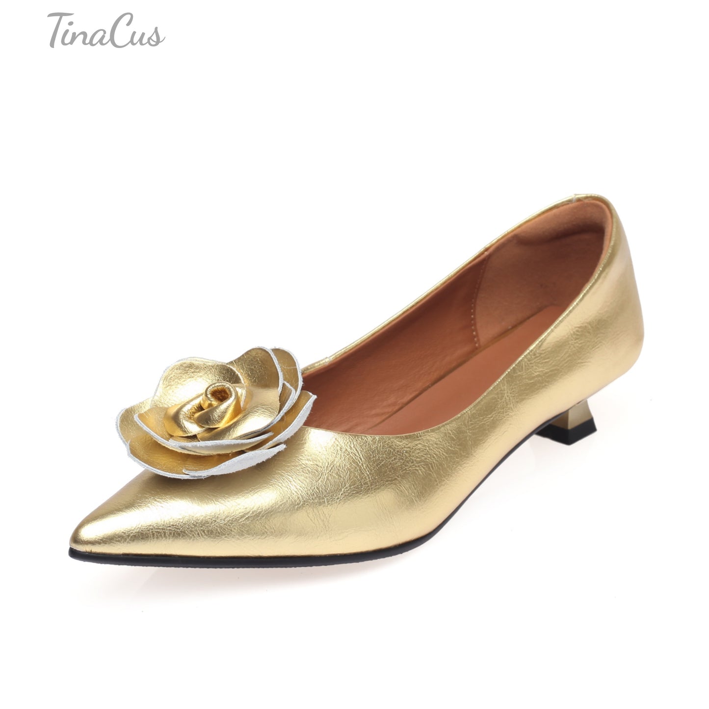 TinaCus Pointed Toe Genuine Leather Handmade Floral Décor Kitten Heels Women's Cute Pumps Shoes